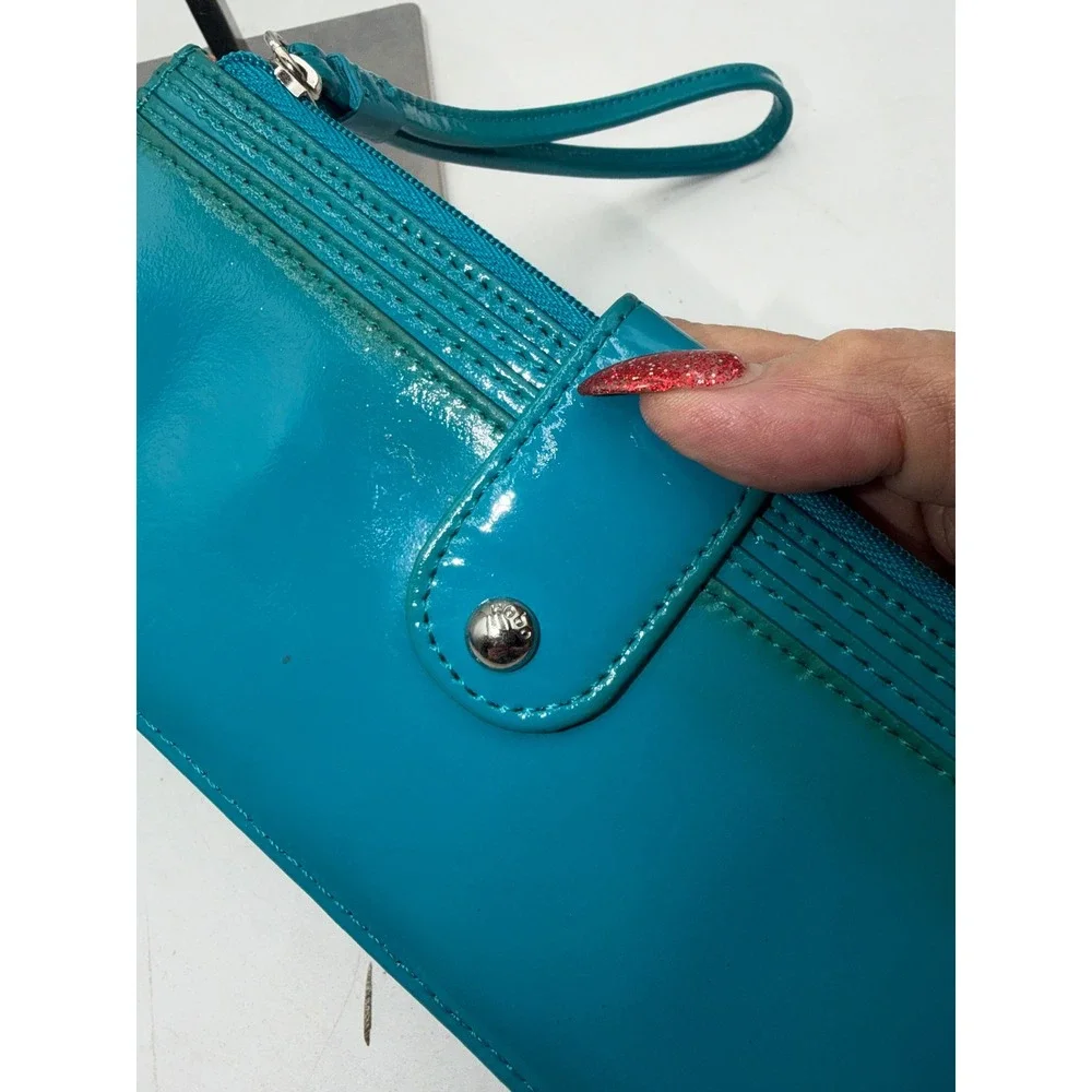 Hobo The Original Teal Patent Leather Wristlet Clutch Wallet Orange Lining